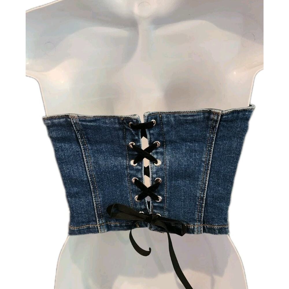 Revice Strapless Lace Up Backside Corset Light & Dark Tone Denim Top Size Small - Picture 5 of 10